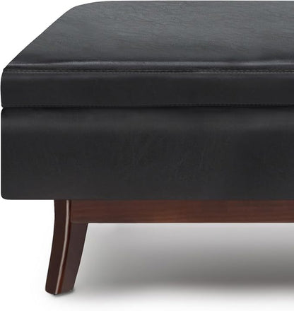 SIMPLIHOME Owen Rectangular Storage Ottoman - 48 inch Wide Upholstered Vegan Leather Lift-Top Ottoman in Midnight Black, Mid-Century Modern Ottoman for Living Room with Tufted Detail