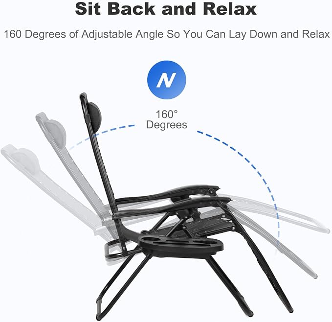 Nazhura Set of 2 Relaxing Recliners Patio Chairs Adjustable Steel Mesh Zero Gravity Lounge Chair Beach Chairs with Pillow and Cup Holder Black