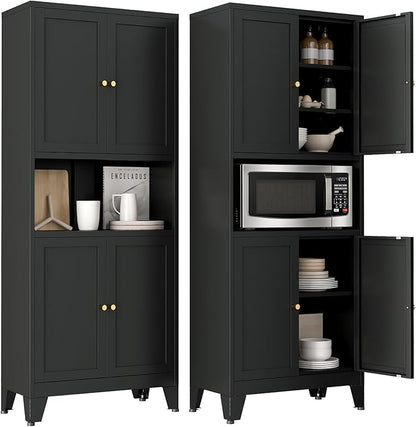 69" Tall Pantry Cabinet with Open Shelf,13.78“Deep By 28" Wide Storage Cabinet with Doors and Adjustable Shelves,Microwave Stand,for Kitchen Dining Room Bathroom,Black,1Pc