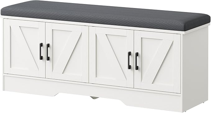 DUMOS 47 Inch Storage Bench, Shoe Organizer Cabinet with Thickened Padded Seat Cushion, Entryway Bench with 4 Doors & Adjustable Shelf for Hallway, Bedroom, Living Room, White