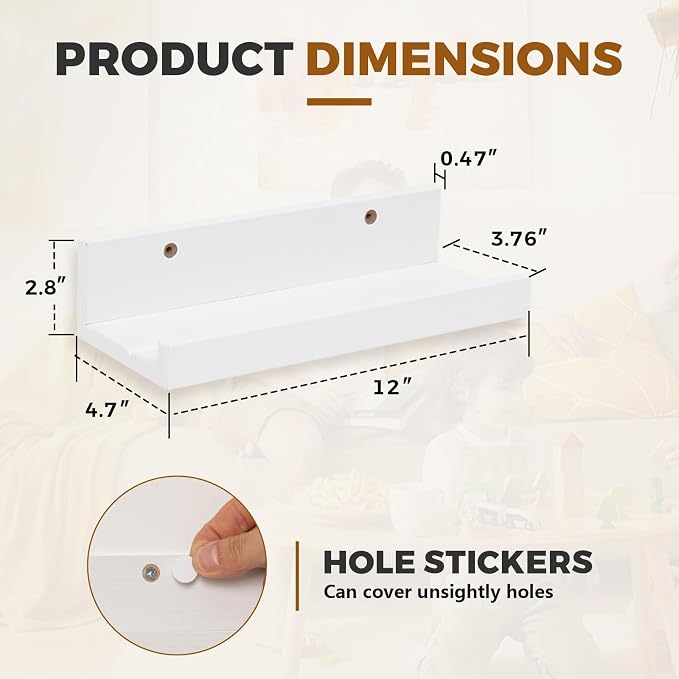 Muzilife 12" Small Floating Wall Ledge Shelves with Lip - Set of 4 Wood Floating Shelves - White Wall Mounted Picture Ledge for Office, Bathroom, Bedroom, Living Room, Kitchen