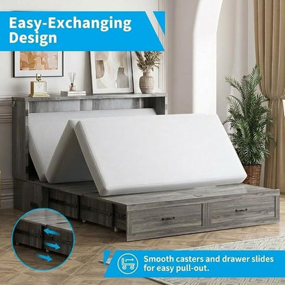 Mjkone Queen Murphy Bed, Cabinet Beds Queen Size with Tri-Fold Mattress Included, Charging Station, Hidden Storage Drawers, Space Saving Murphy Chest Beds, Cabinet Guest Wall Bed for Apartment, Grey