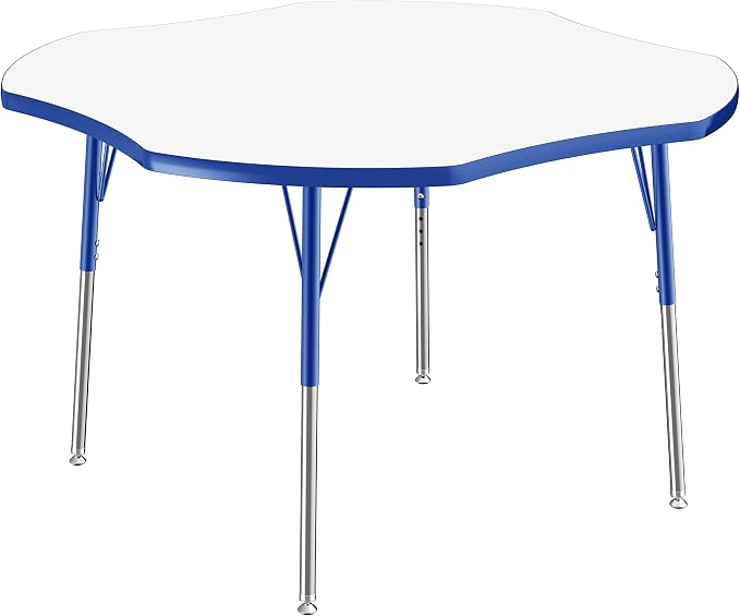 FDP Dry-Erase Clover Activity School and Office Table (48 x 48 inch), Standard Legs with Swivel Glides for Collaborative Spaces, Adjustable Height 19-30 inches - Whiteboard Top, Blue Edge and Legs