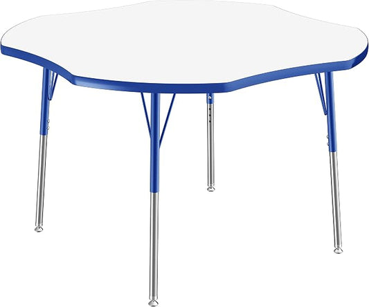 FDP Dry-Erase Clover Activity School and Office Table (48 x 48 inch), Standard Legs with Swivel Glides for Collaborative Spaces, Adjustable Height 19-30 inches - Whiteboard Top, Blue Edge and Legs