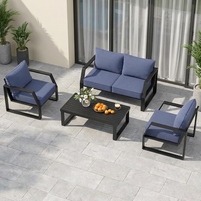 Oversized Modern Outdoor Patio Furniture Set with 5" Thick Cushions, Deep Seats & Wide Armrests, Comfortable Aluminum All-Weather Rustproof UV-Resistant Frame, 4-Seater for Garden, Backyard, Poolside