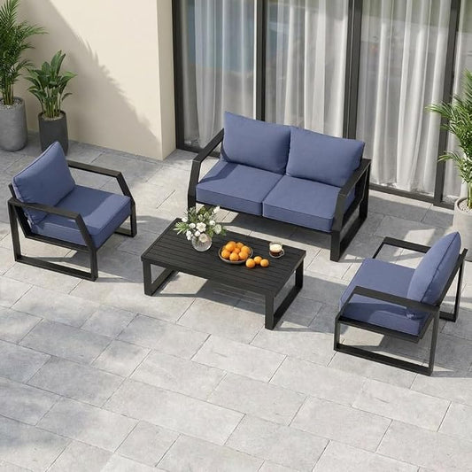 Oversized Modern Outdoor Patio Furniture Set with 5" Thick Cushions, Deep Seats & Wide Armrests, Comfortable Aluminum All-Weather Rustproof UV-Resistant Frame, 4-Seater for Garden, Backyard, Poolside