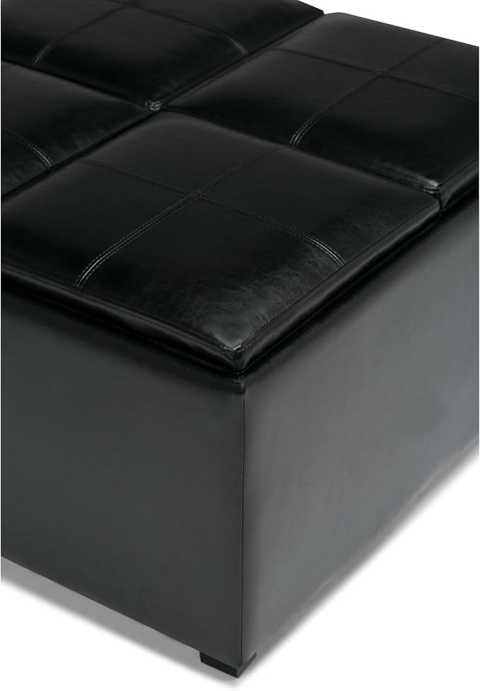 SIMPLIHOME Avalon Wide Contemporary Square Coffee Table Storage Ottoman, Midnight Black, Table Ottoman