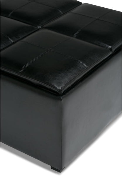 SIMPLIHOME Avalon Wide Contemporary Square Coffee Table Storage Ottoman, Midnight Black, Table Ottoman
