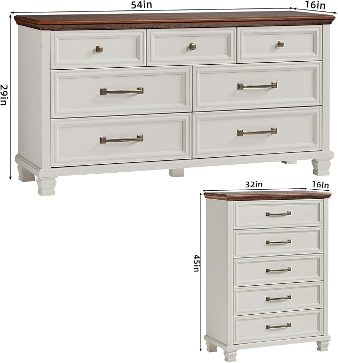 SAVOR LIFE Farmhouse Dresser Set, 5/7 Drawer Dresser Chest, Rustic Wood Bedroom Furniture Set for Home, Bedroom, Hallway, White