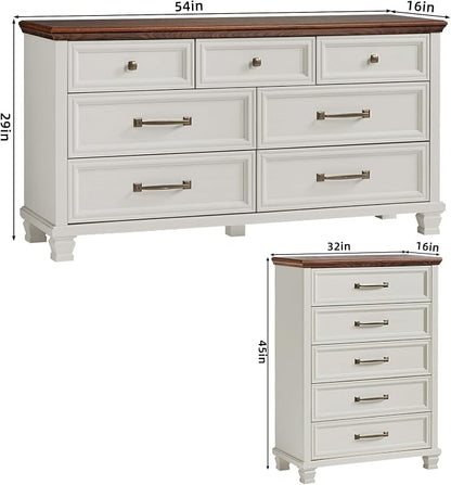 SAVOR LIFE Farmhouse Dresser Set, 5/7 Drawer Dresser Chest, Rustic Wood Bedroom Furniture Set for Home, Bedroom, Hallway, White