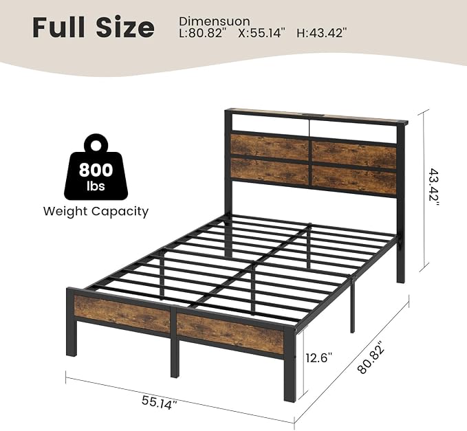 Full Size Metal Bed Frame with Storage Headboard, LED Lights and USB Charging Ports, Brown Platform Bed with Sturdy Slats, No Box Spring Needed, Easy Assembly, Noise Free