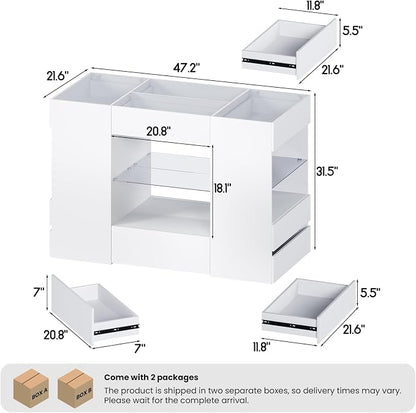 Kikihouse Modern Closet Island with 10 Drawers, LED Wardrobe Armoire Island with Glass Top, Luxury Walk-in Closet Island Storage Cabinet with Display Shelf for Cloakroom, Dressing Room (White)