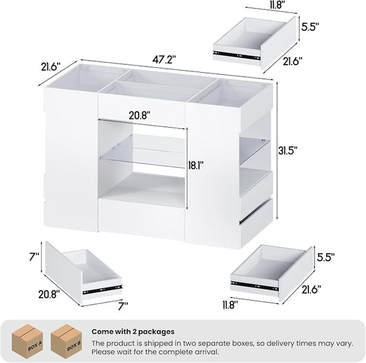Kikihouse Modern Closet Island with 10 Drawers, LED Wardrobe Armoire Island with Glass Top, Luxury Walk-in Closet Island Storage Cabinet with Display Shelf for Cloakroom, Dressing Room (White)