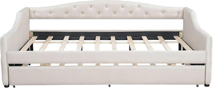 Merax Modern Upholstered Platform Bed Frame with Trundle Bed, Linen Sofa Day Bed with Headboard, No Box Spring Needed/Easy Assemble/Full XL,Beige