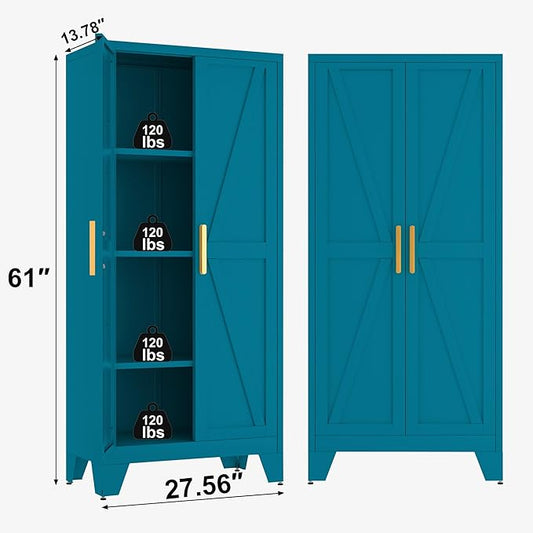 Baborokic 61H Metal Storage Cabinet with 2 Doors and Adjustable Shelves,Farmhouse Storage Cabinet with Barn Doors,Pantry Storage for Home,Office,Dining Room,Kitchen(Blue)