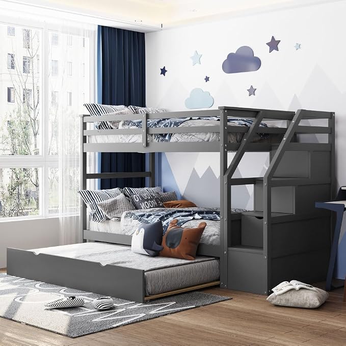 MERITLINE Twin Over Twin Bunk Beds with Trundle and Storage Box, Solid Wood Bunk Bed with Stairs and Storage Case for Teens Adults (Gray + Solid Wood)