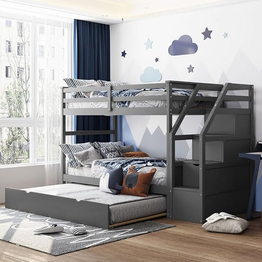 MERITLINE Twin Over Twin Bunk Beds with Trundle and Storage Box, Solid Wood Bunk Bed with Stairs and Storage Case for Teens Adults (Gray + Solid Wood)