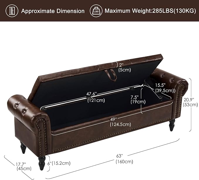 Furniliving 63” End of Bed Storage Bench, Bedroom Bench with Button-Tufted, Upholstered Storage Ottoman Benches Window Bench with Storage, Leather Bench for Living Room, Entryway, PU, BlackBrown