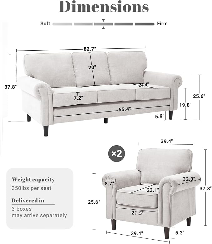 Kingfun 3 Seater Couch with Chair, Mid Century Modern Sofa Set with Rolled Arms and Deep Seats, Fluffy Comfort for Living Room, Apartment, Easy Assembly, Beige