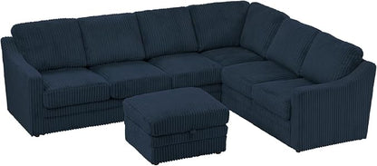 115 Inches Corduroy Sectional Sofa with Storage Ottoman, Modern 7 Seats Corner Couch with Deep Seat, Comfy Modular U Shaped Couch with Comfortable Cushions for Living Room, Blue
