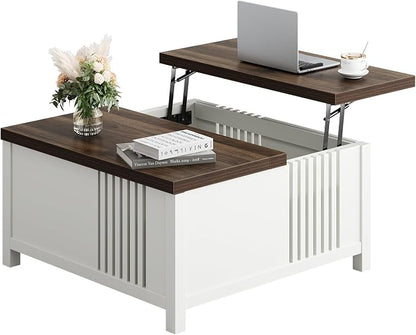 knoworld Farmhouse Lift Top Coffee Table with Storage, 35" Square Large Coffee Table with Hidden Compartment, Rustic Wood Center Table for Living Room, White