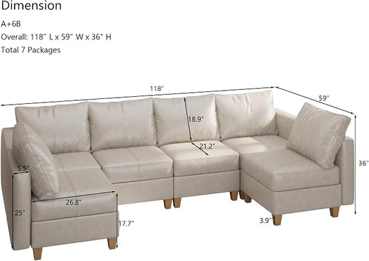 EASE MOOSE Modular Sofa with Storage, Faux Leather Sectional Sofa U Shaped Sectional Couches for Living Room, Whitesand