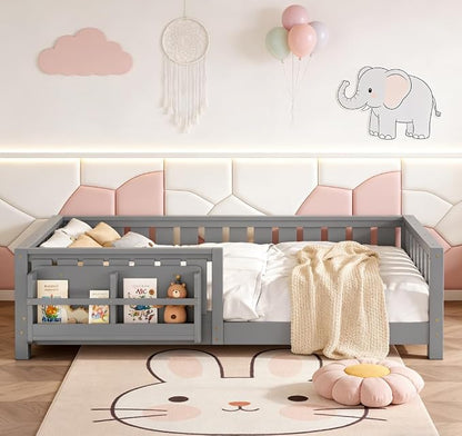 Bellemave Queen Size Floor Bed with high Rails and with Built-in Bookshelf for Kids, Girls, Boys, Wood Montessori Floor Bed Without Door, Gray