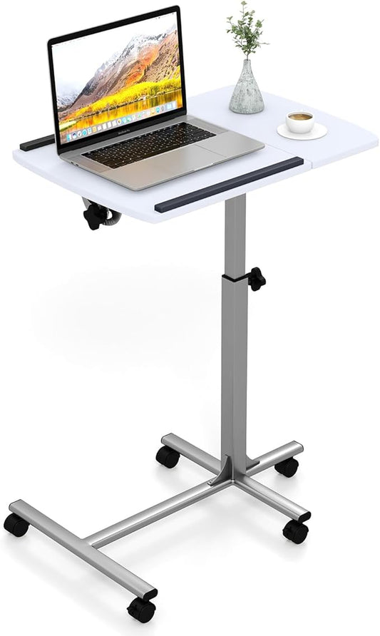 Tangkula Mobile Overbed Table Couch Table, Rolling Angle & Height Adjustable Laptop Stand Cart, Desk with Smooth & Lockable Wheels, Tray Table for Bed Sofa Side Table (White)