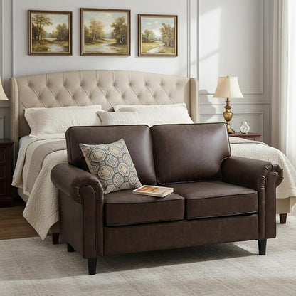 Kingfun Loveseat 2 Seater Couch, Mid Century Modern Faux Leather Sofa with Rolled Arms and Deep Seats, Fluffy Comfort for Living Room, Apartment, Easy Assembly, Cocoa