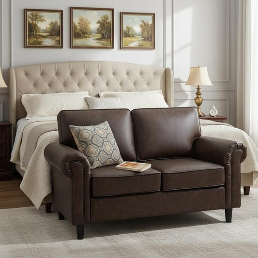 Kingfun Loveseat 2 Seater Couch, Mid Century Modern Faux Leather Sofa with Rolled Arms and Deep Seats, Fluffy Comfort for Living Room, Apartment, Easy Assembly, Cocoa