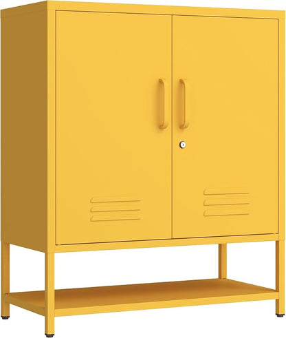 Yellow Lockable Metal Shoe Cabinet, Freestanding Accent Storage Cabinet with Adjustable Shelves, Multipurpose Storage Rack for Hallway Entryway Living Room 33" H X 29.5" W X 13.8" D
