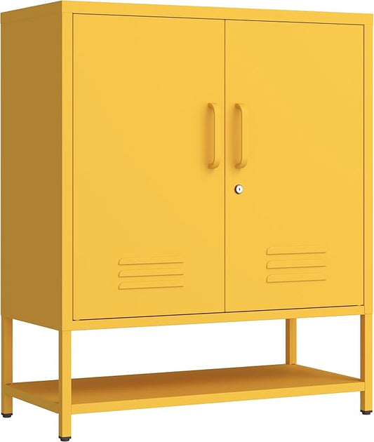Wide 3-Tier Metal Shoe Storage Cabinet, Multifunctional Household Shoe Organizer with Adjustable Shelves for Home & Entryway Yellow 33" H X 29.5" W X 13.8" D