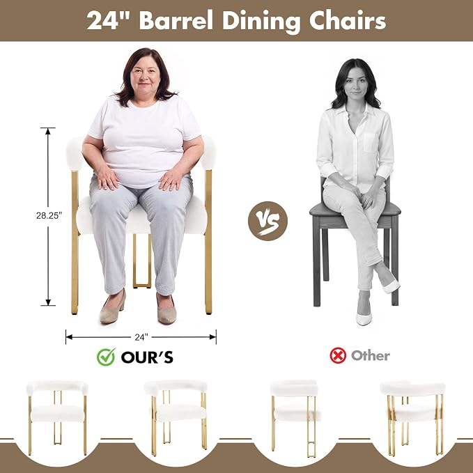 Hyfirm Beige and Gold Modern Dining Chairs Set of 6, Velvet Upholstered Barrel Armchairs with Metal Legs for Kitchen Island, Mid Century Accent Chairs for Dining Room Living Room, Open-Back