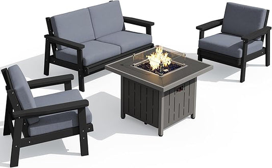 SERWALL Patio Furniture Set with 33” Fire Pit Table, HDPE Outdoor Sectional Sofa Set with Thickened Cushions, Black Frame with Grey Cushions