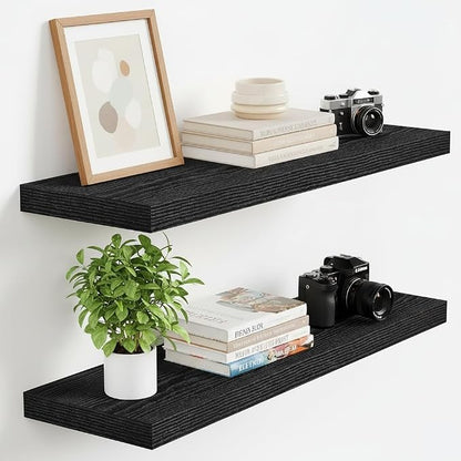 Vivelove Floating Shelves 24 Inch, Black Wall Shelves Over Toilet with Invisible Brackets for Bathroom Living Room Kitchen Bedroom Office Farmhouse Home Decor, 24" X 9.3" X 1.5" - Set of 2