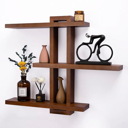 yaqew Variable Floating Shelves Wood Set of 3, Cube Wall Mounted Shelves 28.35" Max, Wall Shelves for Living Room Bathroom Bedroom Farmhouse - Light Walnut Color - 28.35" x 23" x 4.3" Max