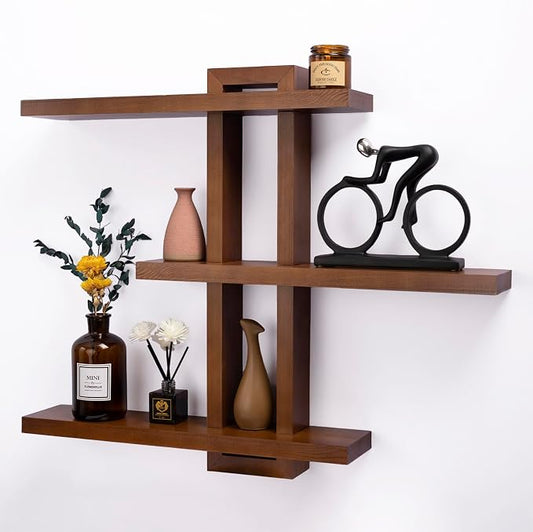 yaqew Variable Floating Shelves Wood Set of 3, Cube Wall Mounted Shelves 28.35" Max, Wall Shelves for Living Room Bathroom Bedroom Farmhouse - Light Walnut Color - 28.35" x 23" x 4.3" Max