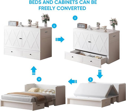Mjkone Queen Murphy Bed, Cabinet Bed with Tri-Folding Mattress, Modern Space-Saving Murphy Cabinet Beds Queen Size with 2 Storage Drawers and USB Charging Station for Guest Room, Office, White
