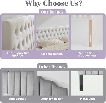 Tufted Upholstered Queen Size Bed Headboard in Modern Button Design, Adjustable Solid Wood Head Board, Premium Velvet Fabric Padded Headboards in Bedroom (White)