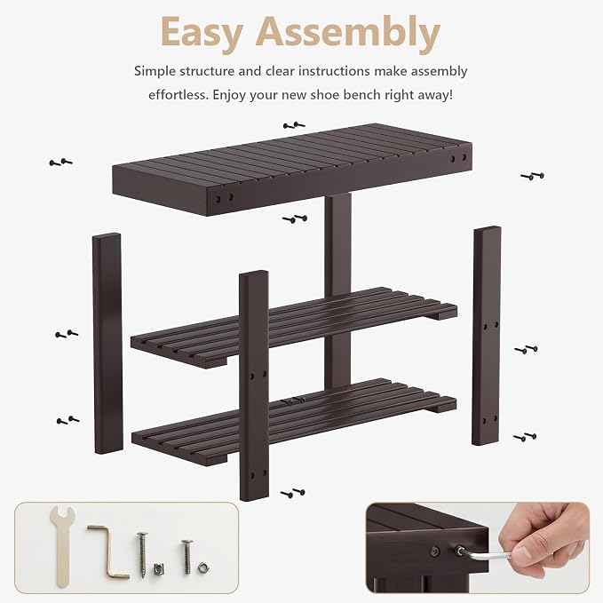 Sweetcrispy 3-Tier Shoe Rack Bench for Entryway, 27 Inches, Brown | Bamboo Shoe Storage Bench, Shoes Rack for Entrance, Bedroom, Living Room, Balcony, 6 Pairs, 286lb Capacity