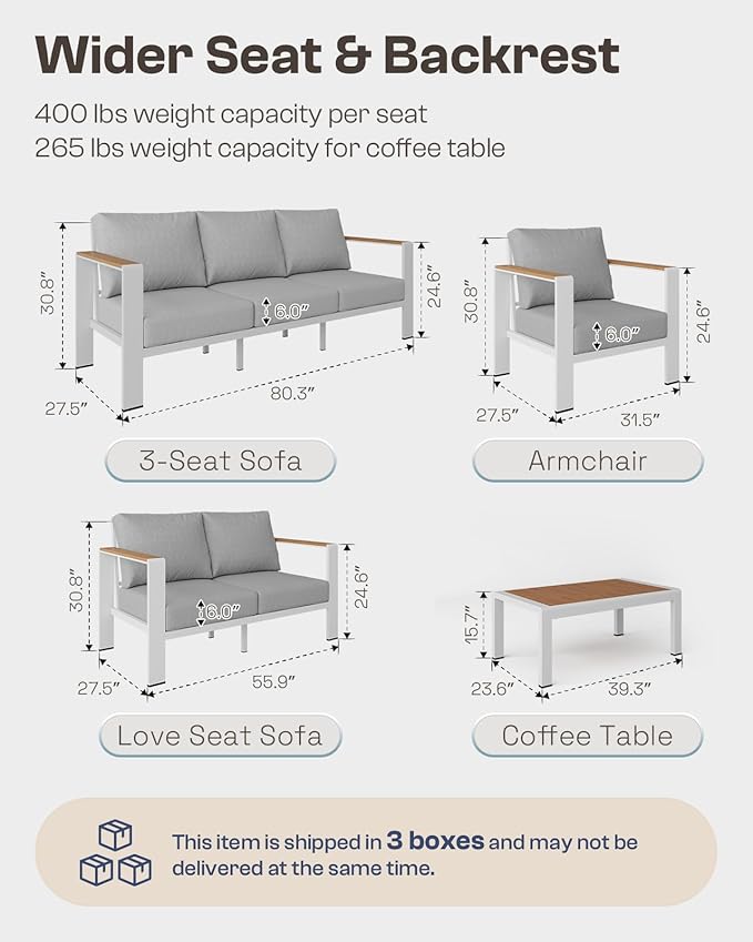 Aluminum Outdoor Sofa Bistro Set, 3 Piece Outdoor Patio Furniture Set with Washable Thick Cushion, Patio Sectional Furniture Set for Porch, Balcony, Deck, Yard, White