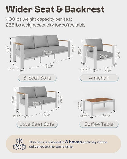 Aluminum Outdoor Sofa Bistro Set, 3 Piece Outdoor Patio Furniture Set with Washable Thick Cushion, Patio Sectional Furniture Set for Porch, Balcony, Deck, Yard, White