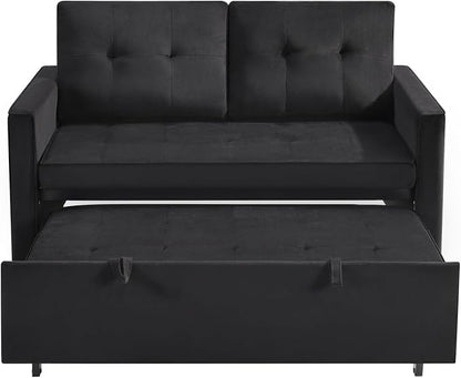 Sofa Bed, Pull Out Couch with Side Pockets, 3 in 1 Velvet Fabric Loveseat Sleeper Sofa Bed, Pull Out Couch with Adjustable Backrest for Living Room, Bedroom, Apartment, Black, 53 Inch