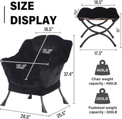 Lazy Chair with Ottoman, Modern Accent Chair Sofa Chair with Armrests, Reading Chair and Folding Footstool for Living Room, Bedroom, Office, Plush Black