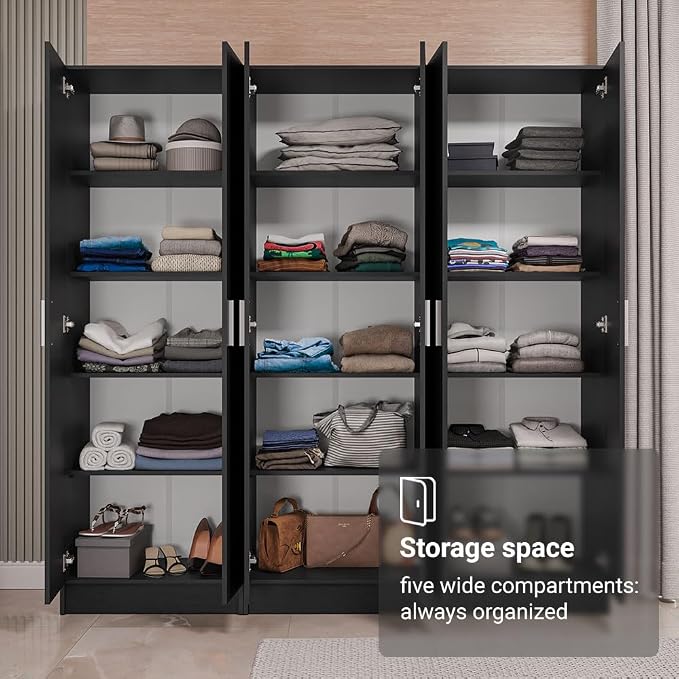 Madesa Wardrobe Armoire Closet Pantry Storage Cabinet with 6 Doors and 15 Utility Shelves 71" L Wooden Organization Unit for Bedroom, Office, Laundry Room, Kitchen, and Garage (Black)