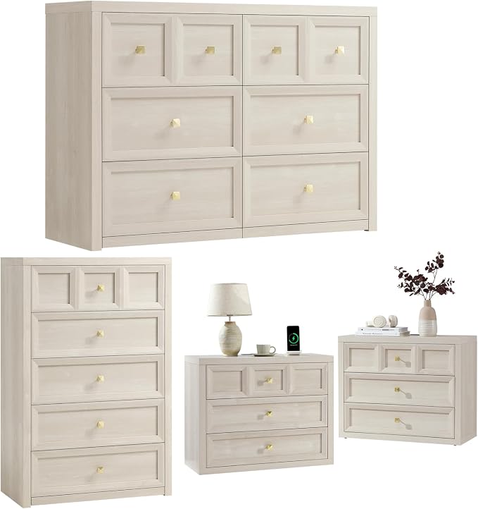 6 Drawers Dresser for Bedroom-46.5" Wide Wooden Chest of Drawers with Large Storage, Long Dresser TV Stand with Drawers, Farmhouse Closet Dressers for Living Room Bedroom, Grey White
