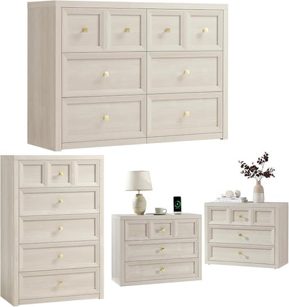 6 Drawers Dresser for Bedroom-46.5" Wide Wooden Chest of Drawers with Large Storage, Long Dresser TV Stand with Drawers, Farmhouse Closet Dressers for Living Room Bedroom, Grey White