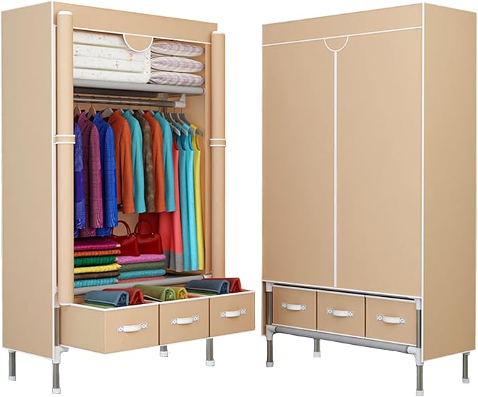 Portable Wardrobe Closet,Foldable Clothes Organizer with 3 Storage Box 35in Simple Non-Woven Fabric Wardrobe Multi-Functional Storage Cabinet with Cover and Hanging Rod-Khaki