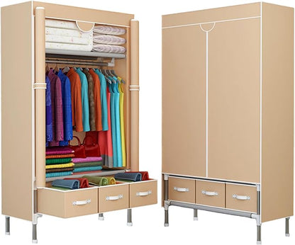 Portable Wardrobe Closet,Foldable Clothes Organizer with 3 Storage Box 35in Simple Non-Woven Fabric Wardrobe Multi-Functional Storage Cabinet with Cover and Hanging Rod-Khaki