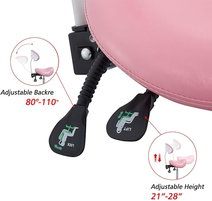 Antlu Saddle Stool Rolling Chair with Back Support,Esthetician Tattoo Dental Lash Chairs for Eyelash Tech Massage Salon(Pink,with Backrest)